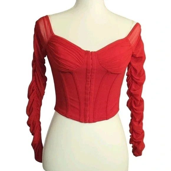 Windsor Small Red Corset Ruched Long‎ Sleeve Top Womens Romantic Night Out - Picture 2 of 12